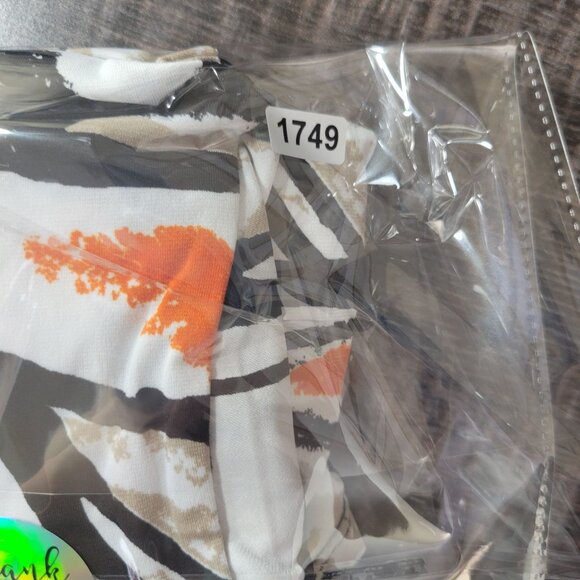 Worthington Womens Petite L Abstract Print Short Sleeve Blouse Orange Beige Blac - Picture 8 of 8